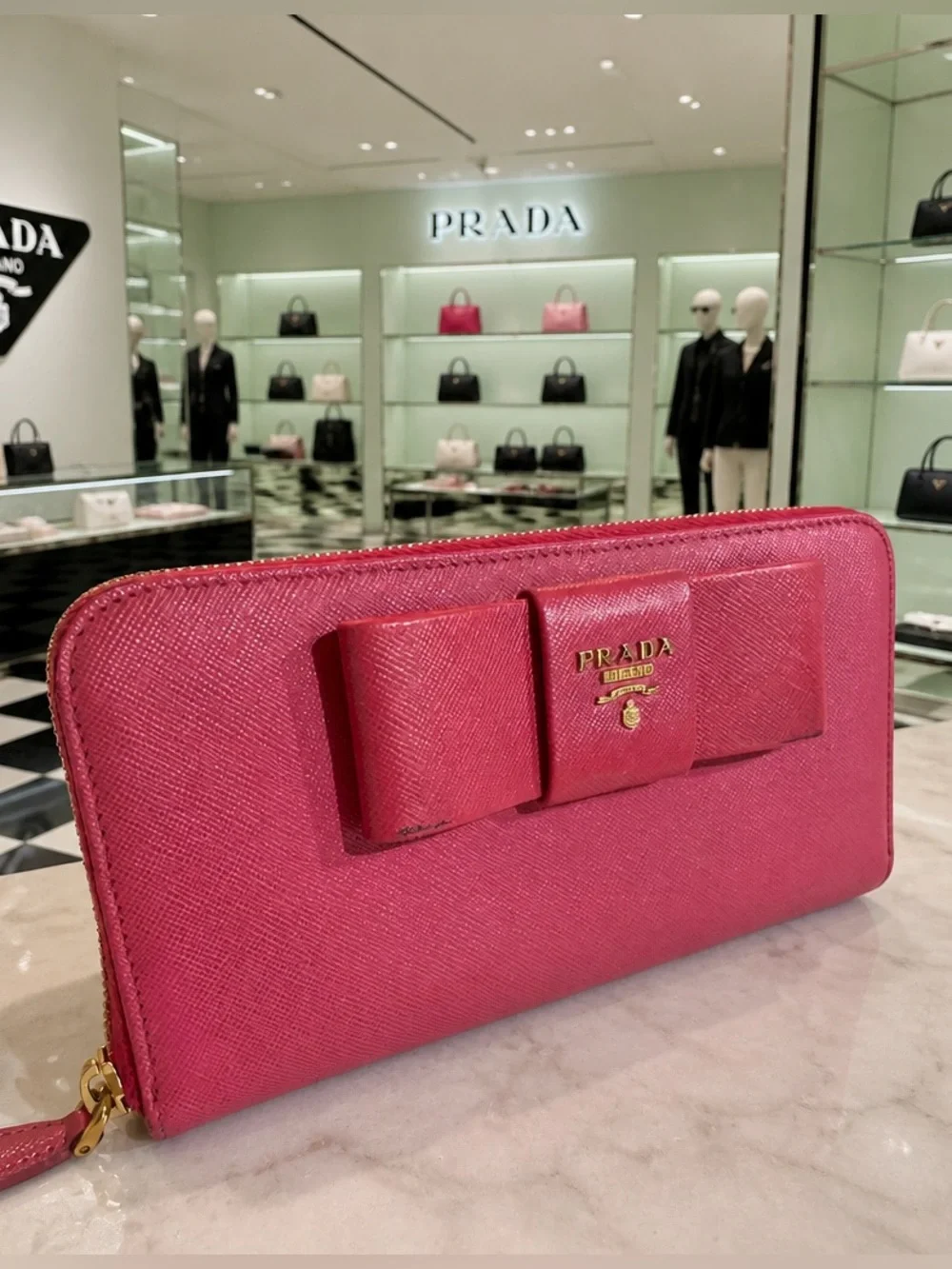 GUC Prada Pink Saffiano Metal Leather Bow Continental Wallet